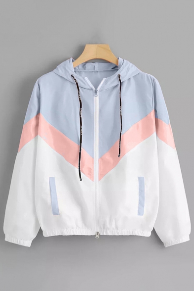 Leisure Womens Light Blue Colorblock Long Sleeve Drawstring Relaxed Jacket