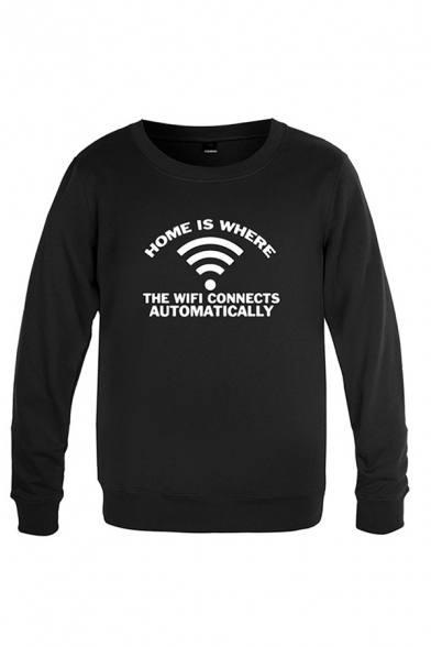 Letter Home Is Where Wi-Fi Graphic Long Sleeve Round Neck Relaxed Pullover Fashionable Sweatshirt for Men