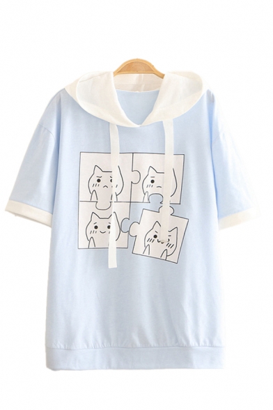 Lovely Cartoon Cat Printed Contrasted Short Sleeve Drawstring Hooded Relaxed Fit T Shirt in Blue