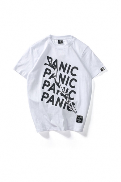 Mens Simple Letter Panic Printed Crew Neck Short Sleeve Relaxed Fitted T-Shirt