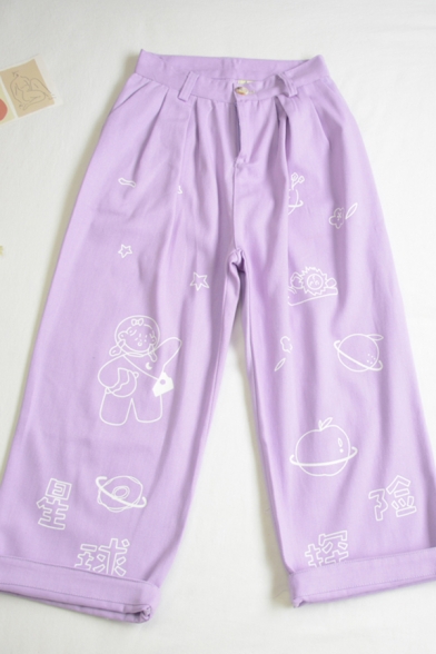 

Novelty Womens Chinese Letter Cartoon Printed Pockets Pleated Rolled Edge High Rise Straight Long Trousers, Apricot;purple, LM648037