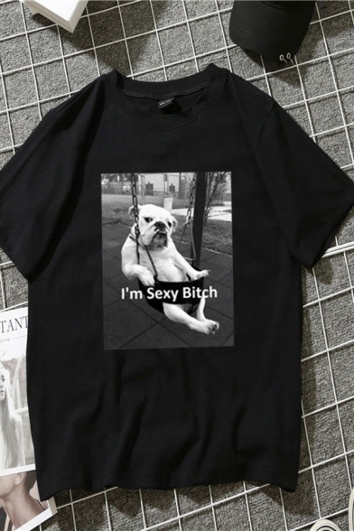 Popular Mens Dog Letter I Am Sexy Bitch Printed Short Sleeve Round Neck Relaxed Fitted Graphic Tee Top