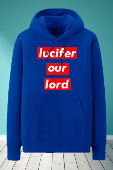 Popular Mens Letter Lucifer Our Lord Printed Pocket Drawstring Long Sleeve Regular Fit Hooded Sweatshirt