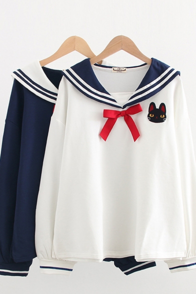 Preppy Girls Cat Embroidered Bow Tie Panel Striped Long Sleeve Sailor Collar Loose Fit T-shirt