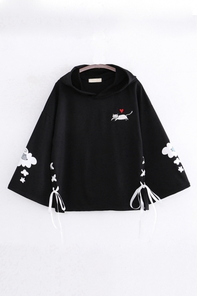 Preppy Girls Lace Up Cartoon Cat Embroidery Fish Printed Hooded 3/4 Bell Sleeve Relaxed Fit Hoodie
