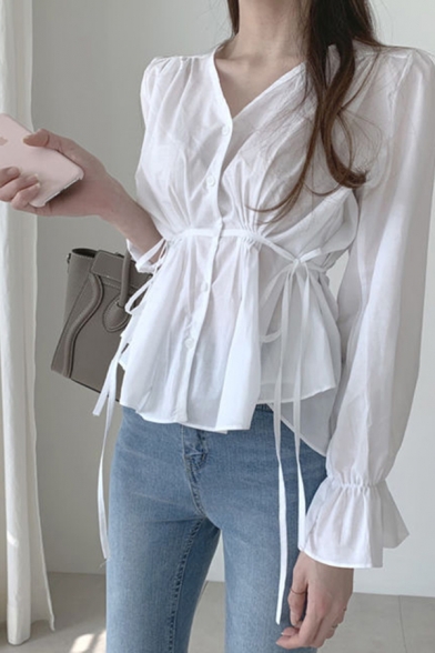 Sexy Ladies White Bow Tied Waist Bell Long Sleeve V-neck Button down Regular Fit Shirt