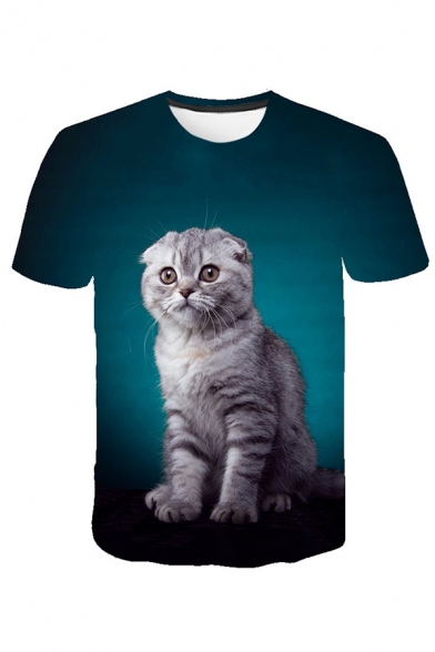 Simple Cat Pattern Round Neck Short Sleeve Regular Fitted Tee Top for Men