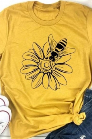 Simple Flower Bee Pattern Roll Short Sleeve Crew Neck Regular Fit T Shirt for Girls