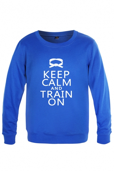 Sporty String Letter Keep Calm And Train on Printed Pullover Long Sleeve Round Neck Regular Fitted Graphic Sweatshirt for Men