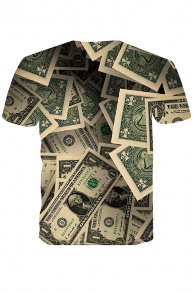 Stylish Mens 3D Money Printed Short Sleeve Round Neck Regular Fitted T-Shirt