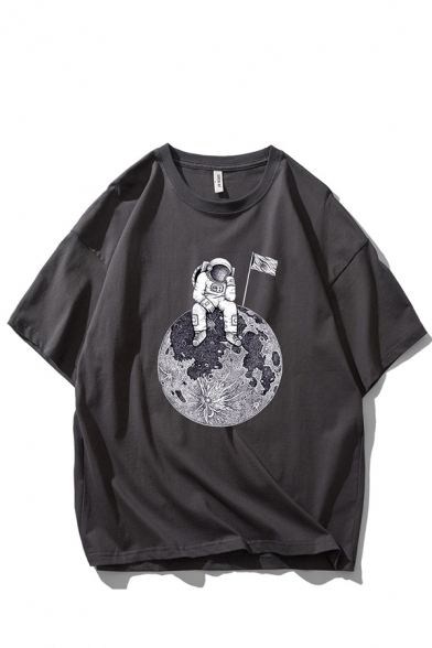 Stylish Mens Planet Astronaut Flag Pattern Short Sleeve Round Neck Loose Fitted T-Shirt