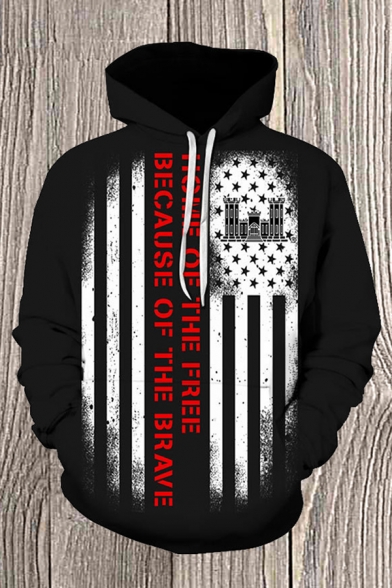 Trendy Men's Flag Letter Because of the Brave Print Pocket Drawstring Long Sleeve Loose Fitted Graphic Hoodie