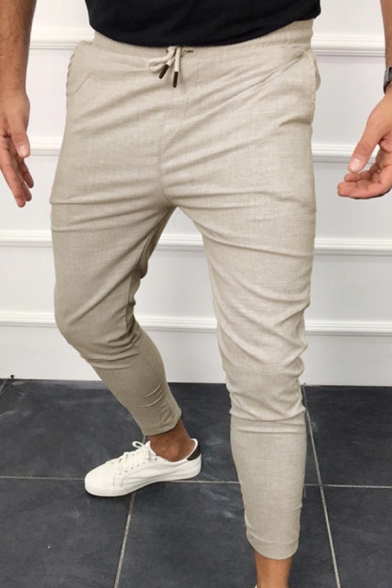 Trendy Men's Pants Plain Drawstring Waist Pockets Slim Fit Ankle Length Relaxed Pants
