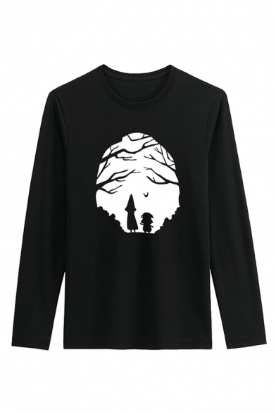 Trendy Mens Character Tree Pattern Long Sleeve Round Neck Regular Fitted Tee Top