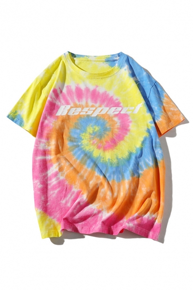 Trendy Mens Tie Dye Pattern Letter Respect Short Sleeve Round Neck Relaxed Fitted Tee Top