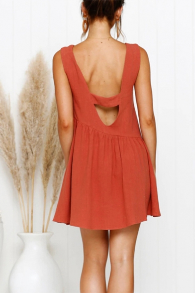Trendy Solid Color Sleeveless Round Neck Cut out Back Short Swing Tank Dress for Ladies