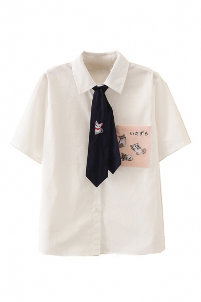 Trendy Womens Tie Front Cartoon Cats Pattern Button-up Short Sleeve Turn-down Collar Regular Fit Shirt with Pocket