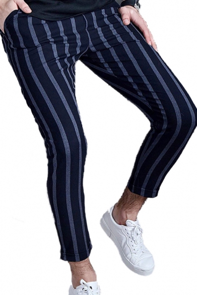 Unique Men's Striped Print Pants Drawstring Pocket Full Length Slim Fitted Pencil Pants