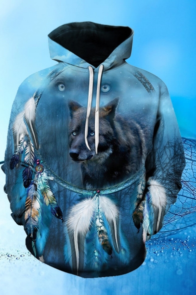Unique Wolf 3D Pattern Drawstring Pocket Full Sleeve Relaxed Fit Hoodie for Men
