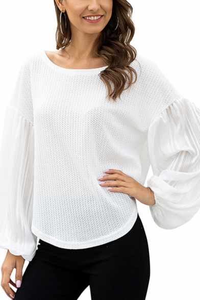 Womens Solid Color Pleated Blouson Sleeve Round Neck Relaxed Fit Waffle Trendy T Shirt