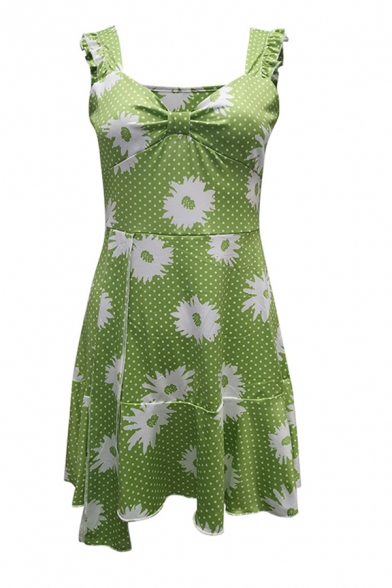 Adorable Womens Allover Flower Pattern Ruffled Ruched Mini A-line Cami Dress