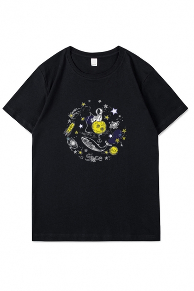 Astronaut Planet Printed Short Sleeve Crew Neck Oversize Fashion Tee Top in Black