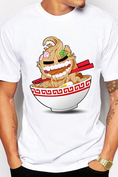 Basic Mens White Tee Top Noodle Chopsticks Printed Short Sleeve Regular Fitted Crew Neck Tee Top