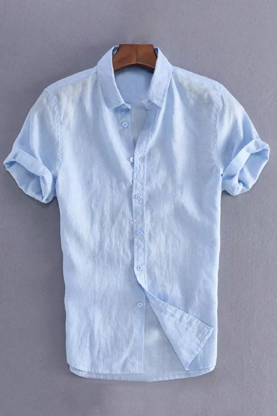 Casual Men's Solid Color Short Sleeve Spread Collar Regular Fitted Shirt