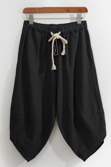 Chinese Style Linen and Cotton Drawstring Waist Oversize Capri Sarouel Trousers for Guys