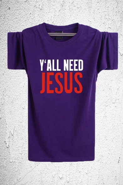 Cool Boys Letter Y'all Need Jesus Printed Short Sleeve Crew Neck Regular Fit Tee Top