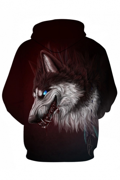 Cool Mens 3D Wolf Printed Pocket Drawstring Long Sleeve Regular Fit Hooded Sweatshirt