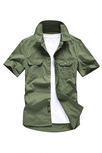 Cool Mens Solid Color Applique Pocket Button up Short Sleeve Point Neck Regular Fit Shirt in Green