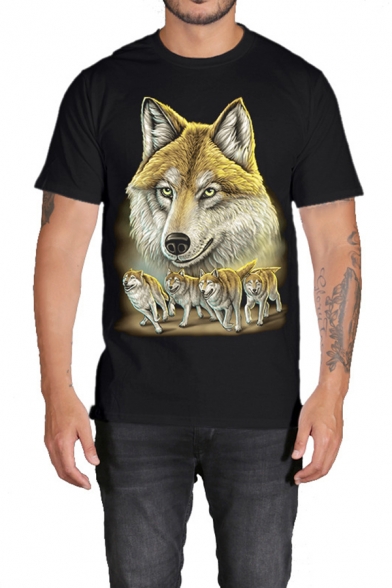 Cool Mens T-Shirt Wolves Print Regular Fitted Round Neck Short Sleeve T-Shirt