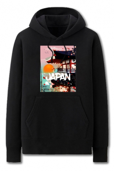 Cozy Landscape Japanese Letter Pocket Drawstring Long Sleeve Regular Fit Graphic Hooded Sweatshirt for Men