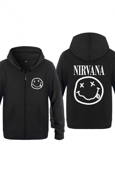 Cozy Mens Emoji Pattern Letter Nirvana Zip up Pocket Drawstring Long Sleeve Regular Fit Graphic Hooded Sweatshirt
