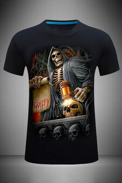 Creative Mens 3D Hammer Skull Letter Guilty Printed Short Sleeve Round Neck Slim Fitted Tee Top