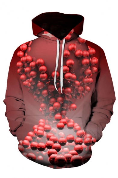 Dressy Mens 3D Ball Pattern Pocket Drawstring Long Sleeve Regular Fit Hooded Sweatshirt in Red