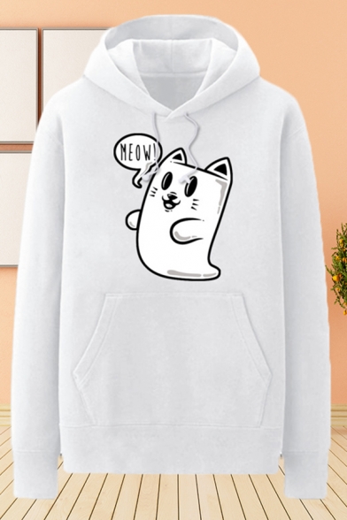 Dressy Mens Cat Pattern Letter Meow Pocket Drawstring Long Sleeve Regular Fit Graphic Hooded Sweatshirt