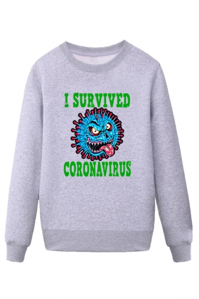 Dressy Mens Virus Letter I Survived Corona Virus Printed Pullover Long Sleeve Round Neck Regular Fitted Graphic Sweatshirt