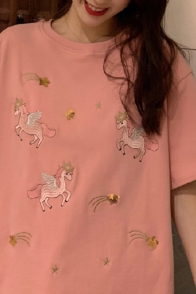 Edgy Girls Cartoon Unicorn Embroidery Half Sleeve Crew Neck Loose Fit T-shirt