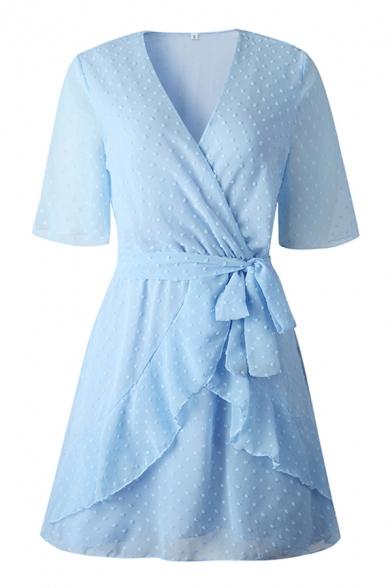 Elegant Womens Solid Color Polka Dot Printed Short Sleeve Surplice Neck Bow Tie Waist Ruffled Trim Short Wrap Dress