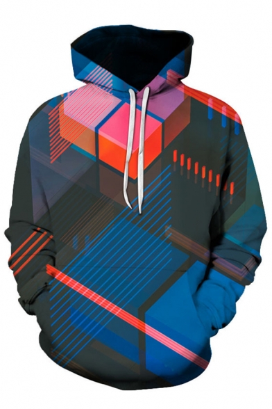 Fancy Mens 3D Geometric Pattern Pocket Drawstring Long Sleeve Regular Fit Hooded Sweatshirt