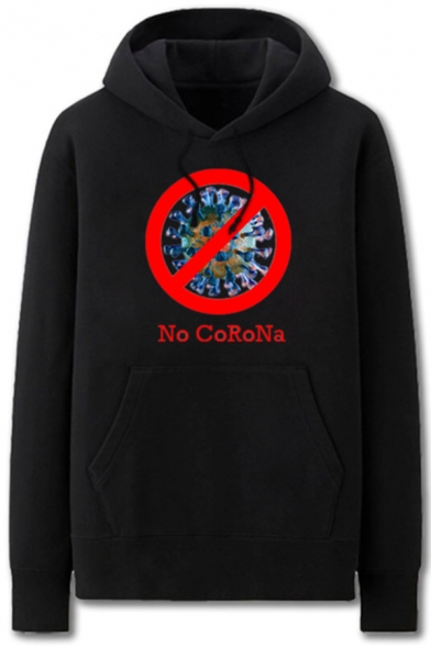 Fancy Virus Letter No Corona Printed Pocket Drawstring Long Sleeve Regular Fit Graphic Hooded Sweatshirt for Men