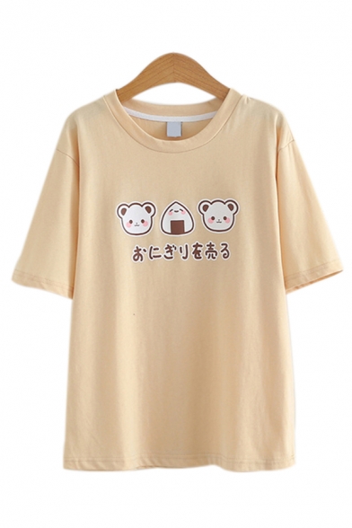 Fashion Girls Cartoon Bear Japanese Letter Graphic Short Sleeve Round Neck Relaxed Tee Top