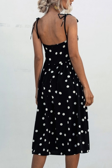 Fashion Womens Polka Dot Print Bow Tied Shoulder Midi Pleated Smoke Cami Dress