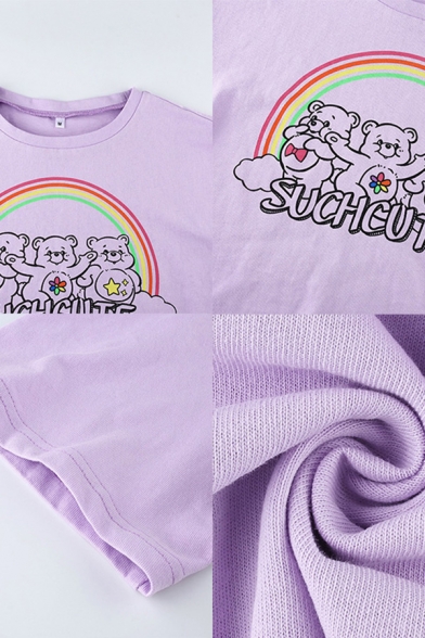 Fashionable Girls Letter Such Cute Cartoon Bear Rainbow Graphic Short Sleeve Crew Neck Loose Crop T-shirt in Purple