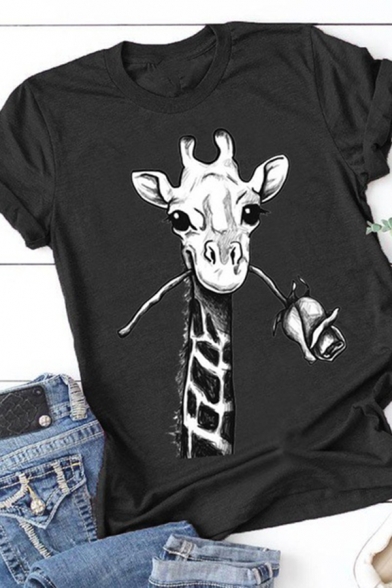 Leisure Giraffe Floral Printed Rolled Short Sleeve Crew Neck Regular Fit Tee Top for Girls