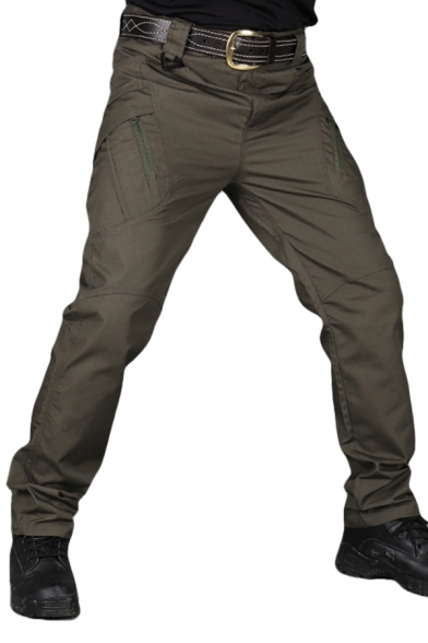 Leisure Mens Pants Solid Color Zipper Full Length Regular Fit Cargo Pants with Pockets