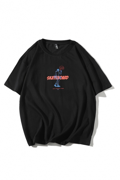 Letter Skateboard Cartoon Figure Graphic Short Sleeve Crew Neck Loose Chic T Shirt for Men