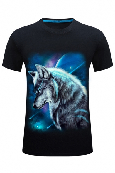 Mens Fashionable 3D Wolf Printed Slim Fitted Round Neck Short Sleeve T-Shirt